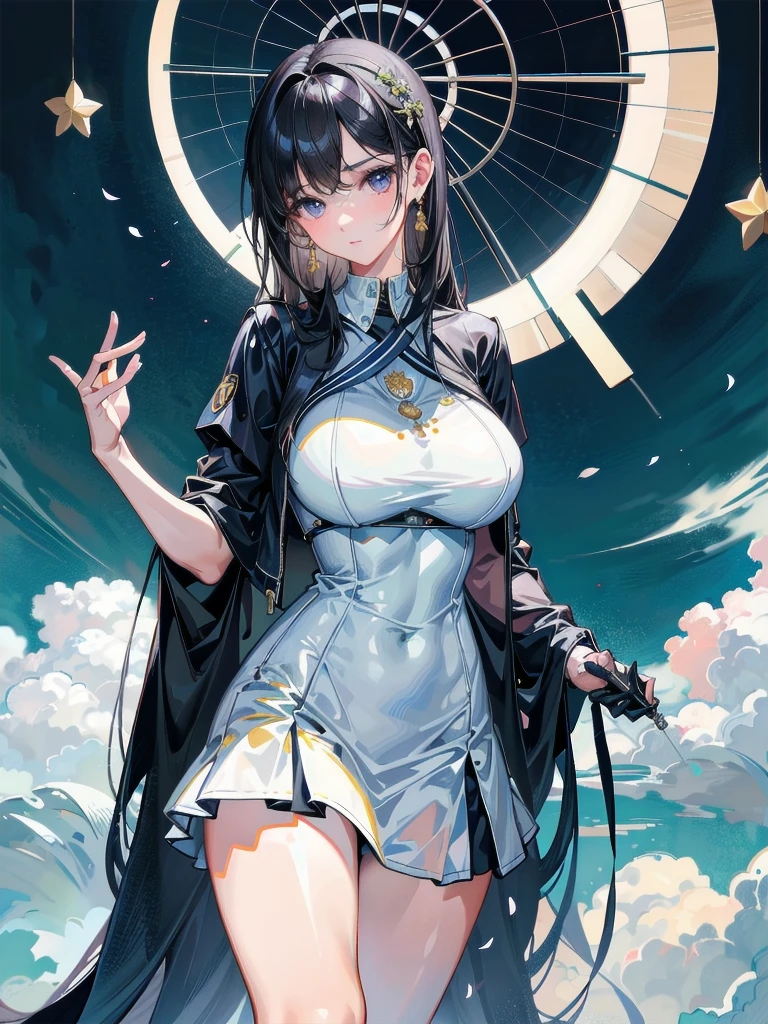 whole body, long cheongsam, deep slit, absurdres, RAW photo, extremely delicate and beautiful, masterpiece, Best Quality, ultra high resolution, 32k, hyperrealistic, ultra-detailed, detailed description, pale skin, 20 years old, detailed beautiful face and eyes, tearful mole, earring, Colossal tits, short medium hair, wavy hair,