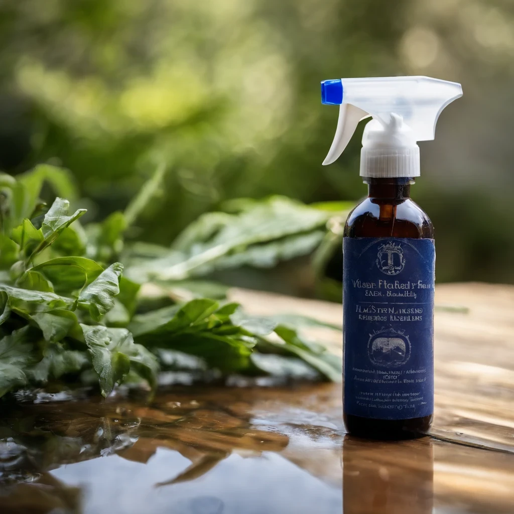 a close-up of a spray bottle, on a table spraying water, and in the background a beautiful garden, water spray, spray liquid, sprays, spray brush, professional product photo, water particles, misting, professional product photo, water particles, volumetric fog, foam, dust particles in the air, water particle in front, light scattering in water, product photo, panzer