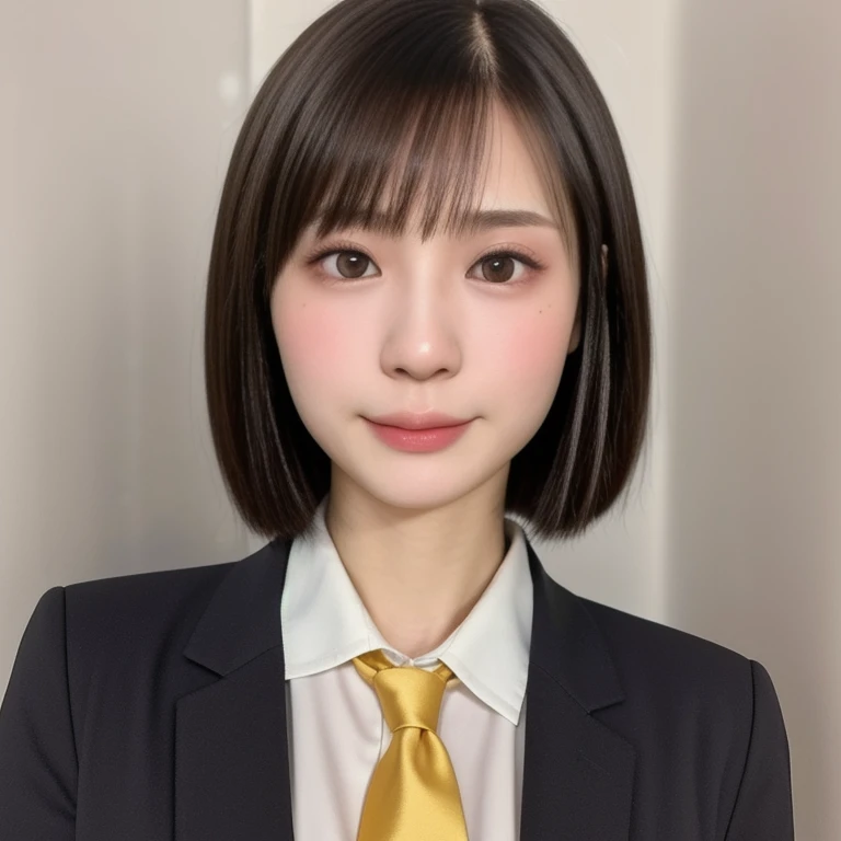 (kawaii 24 year-old Japanese girl, Nogizaka idol, Korean idol), glossy brown hair, (very short hair, bangs:1.2), beautiful black eyes, rounded face, narrow shoulders, single eyelid, (no makeup:1.2), no expression, (suit jacket, collared shirt, necktie), extra small breasts, BREAK, (simple white background:1.2), (view from forward, bust shot, upper body shot, id photo:1.2), BREAK, (masterpiece, best quality, photo realistic, official art:1.4), (UHD, 8K quality wallpaper, high resolution, raw photo, golden ratio:1.3), (shiny skin), professional lighting, physically based rendering, award winning, (highly detailed skin texture, extremely detailed face and eyes textures), Carl Zeiss 85 mm F/1.4, depth of field, (1girl, solo),