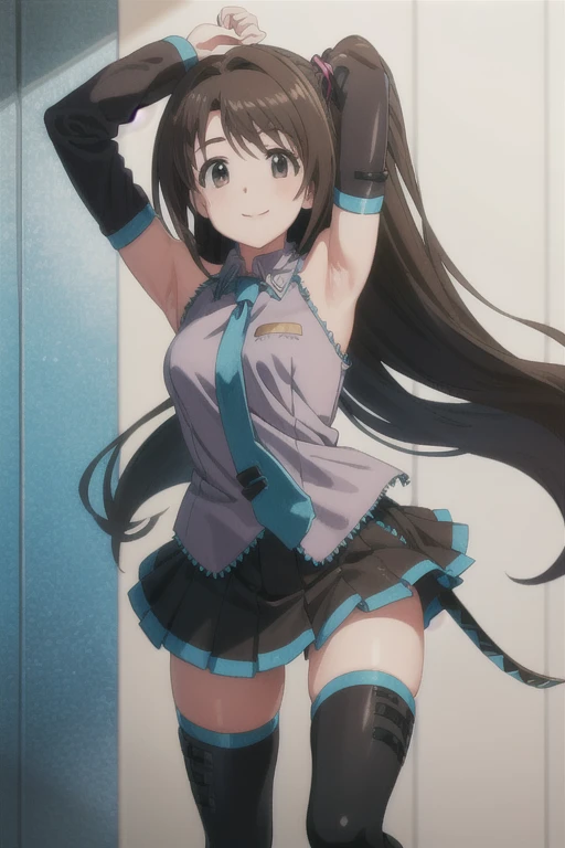 (((pixel-perfect, detail-perfect))), solo, 1girl, uzuki shimamura, miku outfit, sleeveless shirt, grey shirt, detached sleeves, necktie, arm tattoo, skirt, thighhighs, thigh boots, looking at viewer, smile, v arms