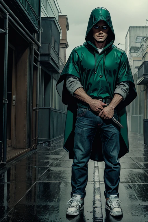 Man in Hooded poncho Raincoat Color: Green and darkened face cap and jeans and converse sneakers Heroic Presence Serious and strong pose Rolled-up sleeves 