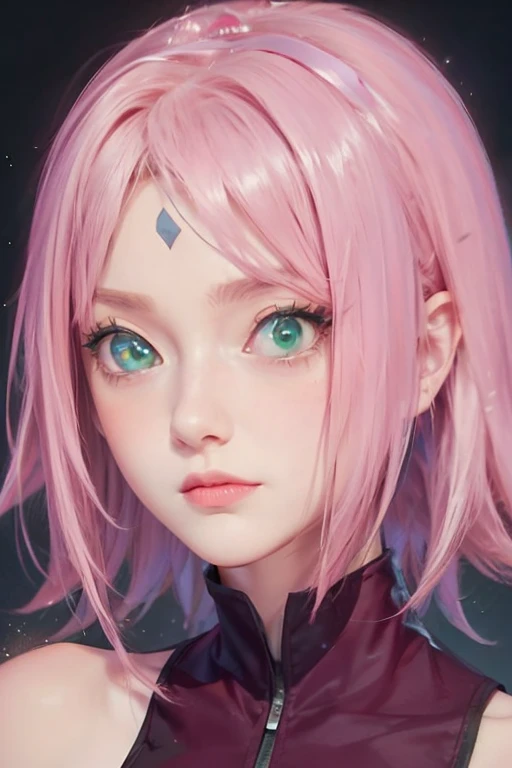 young woman, short shoulder-length pink hair, wide forehead, porcelain skin, pink eyebrows, big emerald green eyes, buttoned nose, full lips, heart-shaped face, slender body, small breasts, red tank top, Sakura Haruno , realistic, realism, details, 3d, well detailed