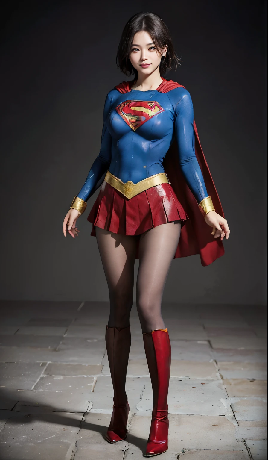 No background、(((Beautiful legs in black tights.)))、(((Legally express the beauty of your smile)))、((((Make the most of your original images)))、(((Body-hugging Supergirl costume)))、(((Supergirl Costume)))、(((Beautiful short hair)))、(((She is winking cutely.)))、(((Please wear black tights....、Wear red boots)))、((Best image quality、8k))、((highest quality、8k、masterpiece:1.3))、(((Preserve background )))、Sharp focus:1.2、Beautiful woman with perfect figure:1.4、Slim Abs:1.2、Wet body:1.5、Highly detailed face and skin texture、8k