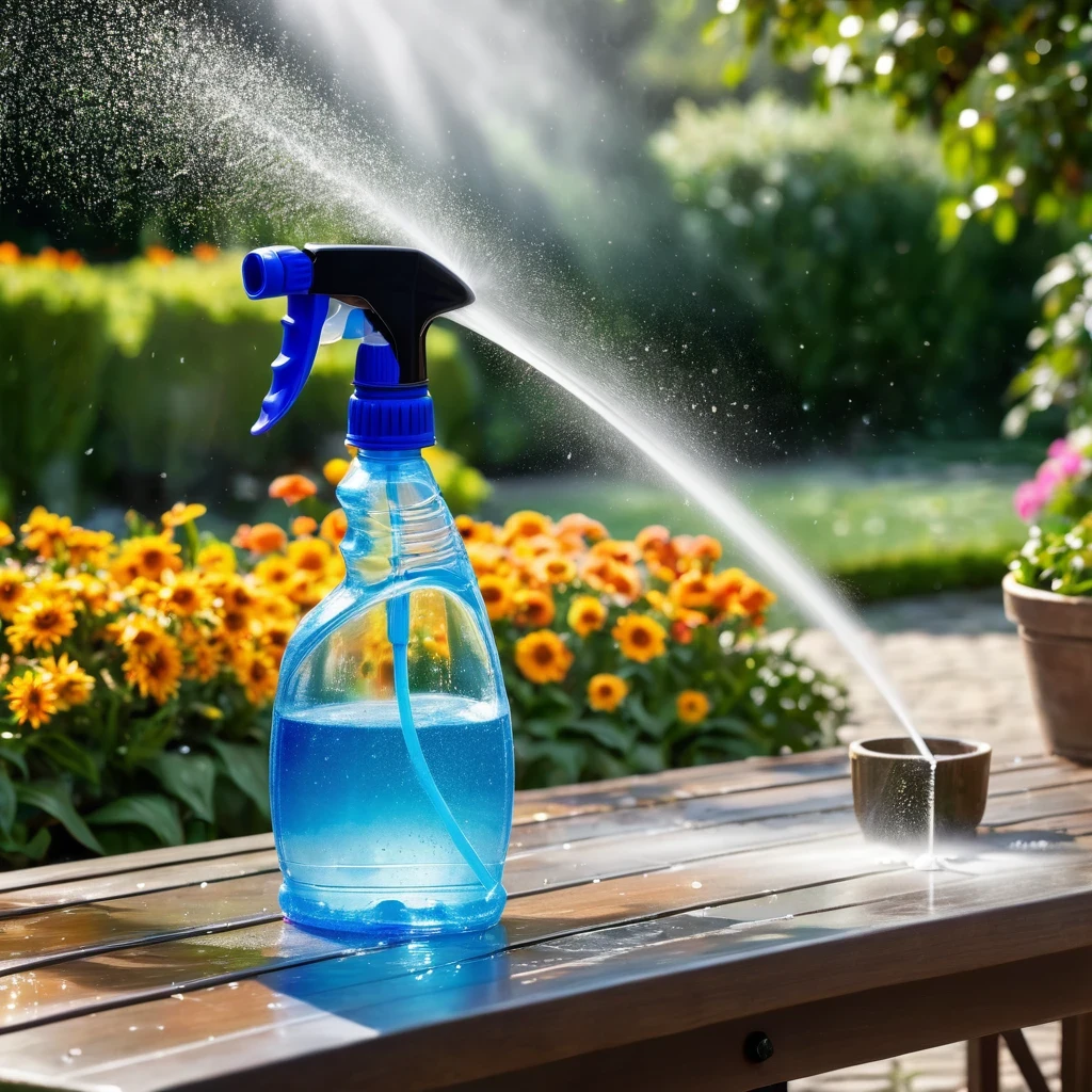 a close-up of a spray bottle, on a table spraying water, and in the background a beautiful garden, water spray, spray liquid, sprays, spray brush, professional product photo, water particles, misting, professional product photo, water particles, volumetric fog, foam, dust particles in the air, water particle in front, light scattering in water, product photo, panzer
