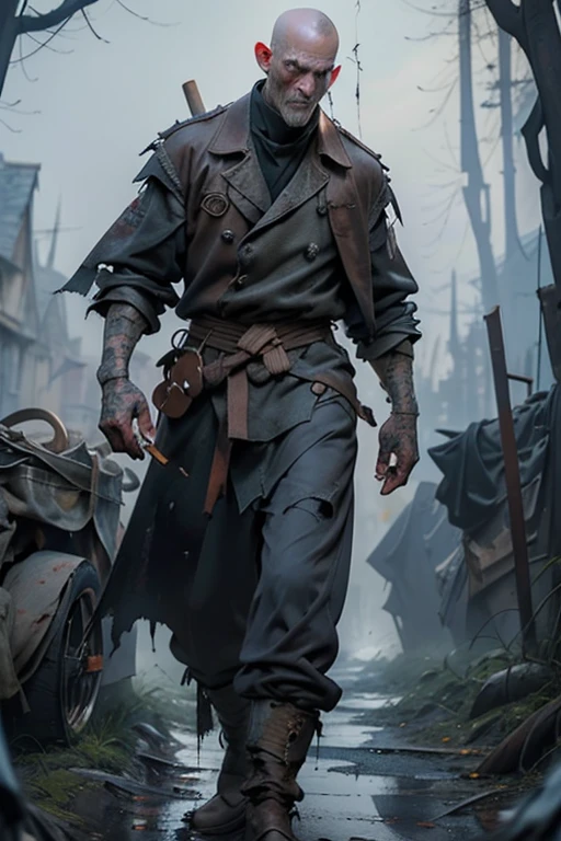 bulky undead with a slightly bald head, his skin a sick gray with various scars and needlework on his face. this man is using an overcoat made with leather. the background englobes a decaying dead tree behind him and a destroyed wooden cart and medieval houses.