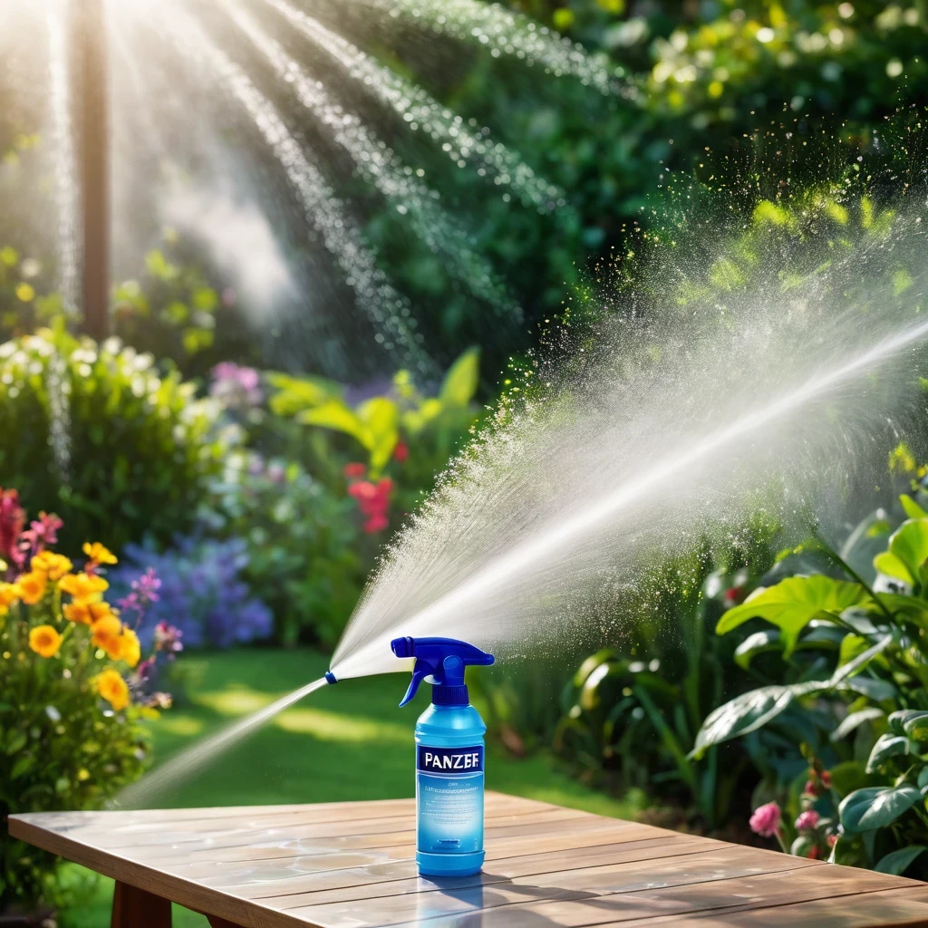 a close-up of a spray bottle, on a table spraying water, and in the background a beautiful garden, water spray, spray liquid, sprays, spray brush, professional product photo, water particles, misting, professional product photo, water particles, volumetric fog, foam, dust particles in the air, water particle in front, light scattering in water, product photo, panzer