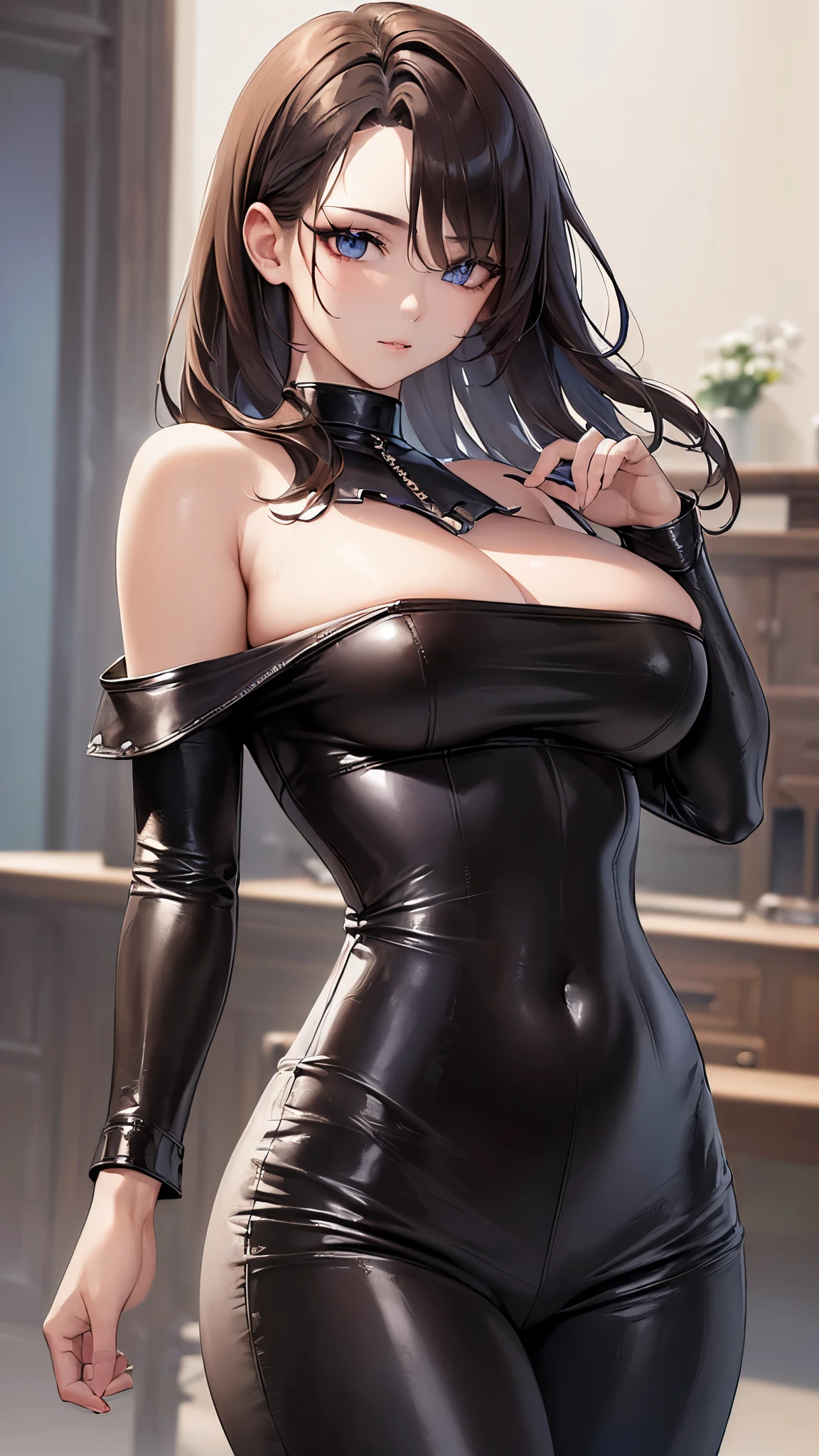(((masterpiece))), (((High resolution))), (((8K quality))), (((perfect face))), (((Korean model ))), ((off shoulder leather tops)), ((leather pants)), (((top quality eyes))), (((detailed face))), (((detailed texture))), look at the camera, big tits, nsfw
