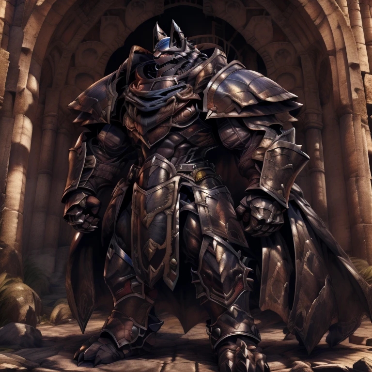 (masterpiece, best quality, detailed:1.2) (Pokémon) LUCARIO, detailed full body, a knight's mechanical armor, glowing wide and heavy armor, wears full body armor. massive muscles, huge pecs, chiseled abs, huge pectorals, exaggeratedly huge muscles. wearing a cloak. unusually developed muscular body big muscle, pecs, triceps, traps, waist narrow, unusually developed muscular body, Dark knight, BlackKnight_fe, The claws are sharp, Sharp teeth, He wears a black cloak on his back. giant