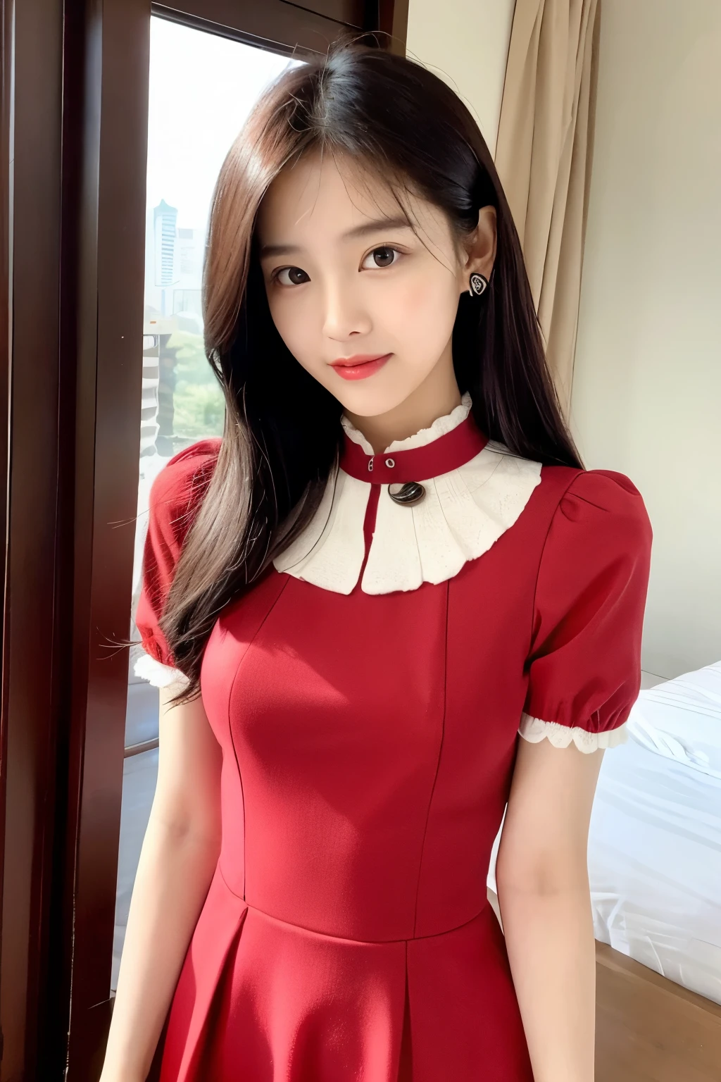 Photo Real、photoRealstic Golden hair、Depigmented hair、Short hair、Straight hair、bangss big eye、with round face、Plump cheeks、The contours of the face are round、a small face、a baby face japanes、sixteen years old、tiny body、skinny body、young body、Soft thighs Cosplay、Cute hats、Decorated hats、Small hat、Red dress、Comes with a black fluff、Dresses that stand out、Decoration Dresses、a short skirt、Unique clothing Adult Pose、Bold poses、Faces close、Face Close-up、Licking the invisible、Lick boldly、Fluid around the mouth、Open your mouth wide to the maximum Background with、Old-fashioned Western-style building、Western-style castle、a castle yard、Flower Garden、Red flowers