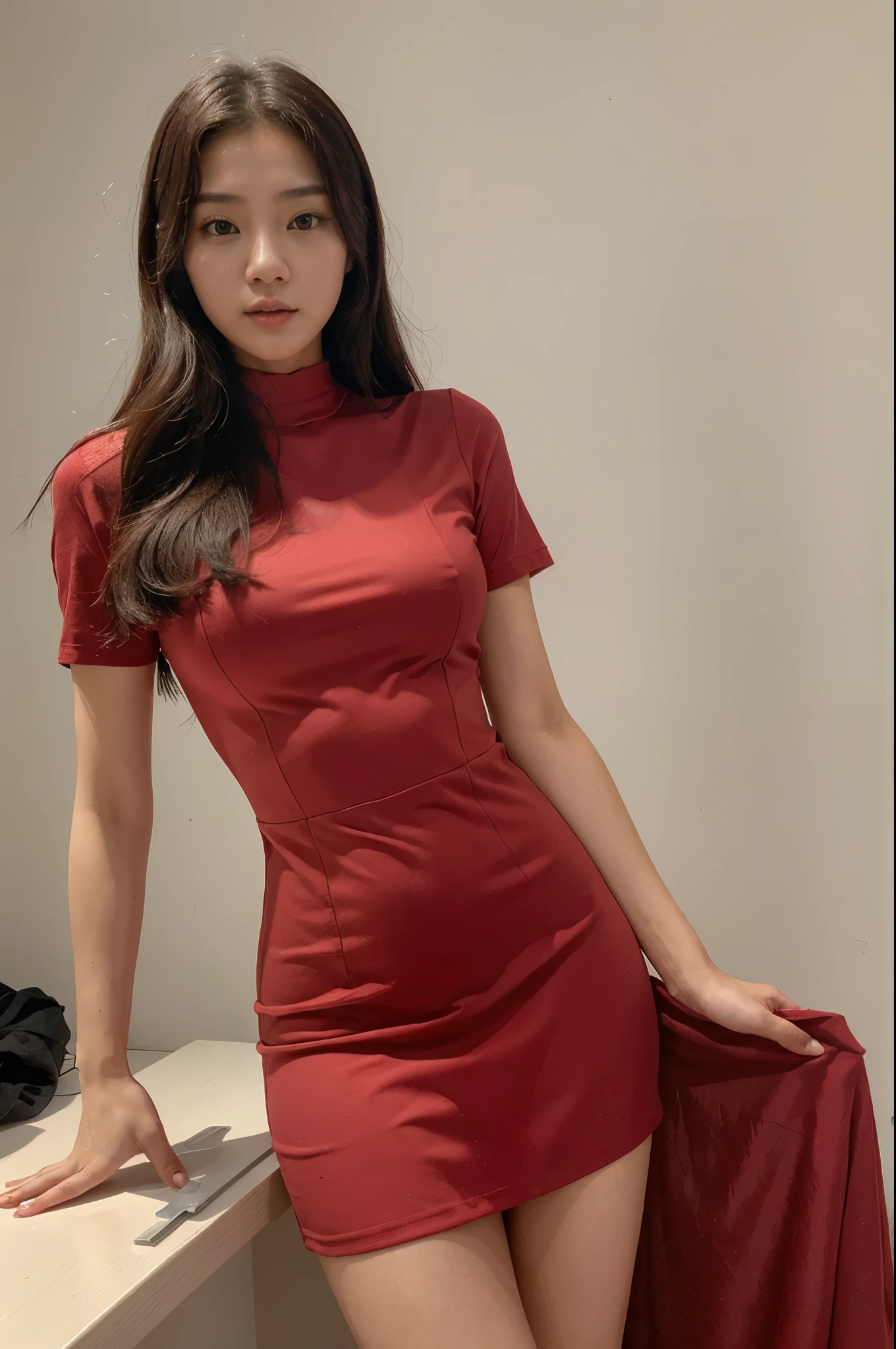A young Korean-looking woman (exatamente bonita). que ela esteja vestindo um vestido colado vermelho