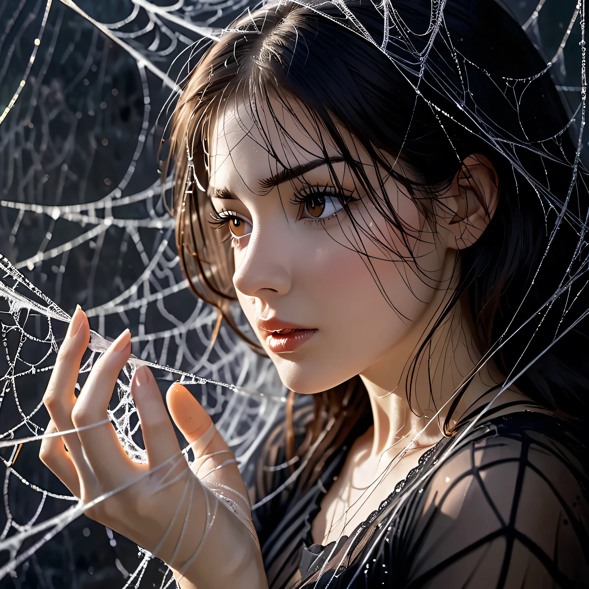 a woman entangled in the spider's web, cobweb