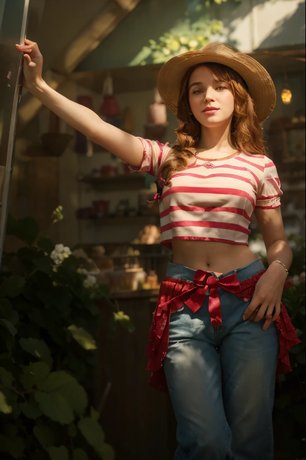 (Best quality, 8k, 32k, Masterpiece, UHD:1.2) "Transform the setting into Strawberryland from Strawberry Shortcake. The scene should be vibrant and colorful, with berry-themed houses and buildings. Include Strawberry Shortcake's Berry Bitty Café, Blueberry Muffin's Bookstore, Lemon Meringue's Hair Salon, Orange Blossom's General Store, Raspberry Torte's Fashion Boutique, Plum Pudding's Dance Studio, Huckleberry Pie’s Honey Hut, and Cherry Jam’s Music Studio. The landscape should be filled with lush green meadows, blooming flowers, and berry bushes. Add a bright blue sky with fluffy white clouds to enhance the cheerful and whimsical atmosphere of Strawberryland."