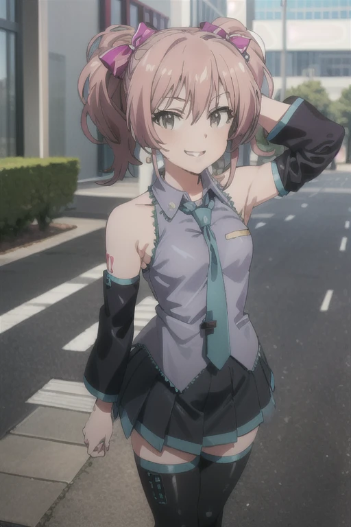 (((pixel-perfect, detail-perfect))), solo, 1girl, mika jougasaki, miku outfit, sleeveless shirt, grey shirt, detached sleeves, necktie, arm tattoo, skirt, thighhighs, thigh boots, grin, looking at viewer