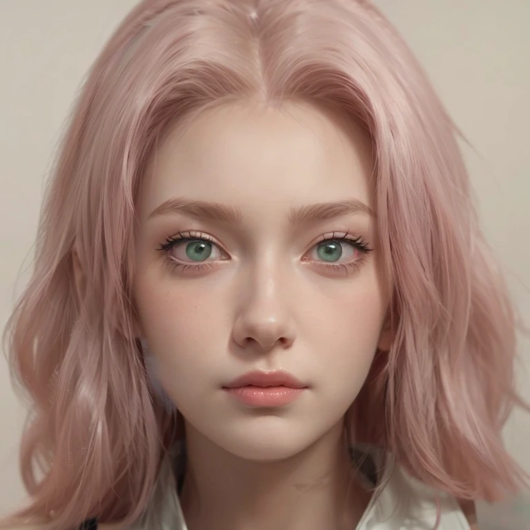 young woman, short shoulder-length pink hair, wide forehead, porcelain skin, pink eyebrows, big emerald green eyes, buttoned nose, full lips, heart-shaped face, slender body, small breasts, red tank top, Sakura Haruno , realistic, realism, details, 3d, well detailed