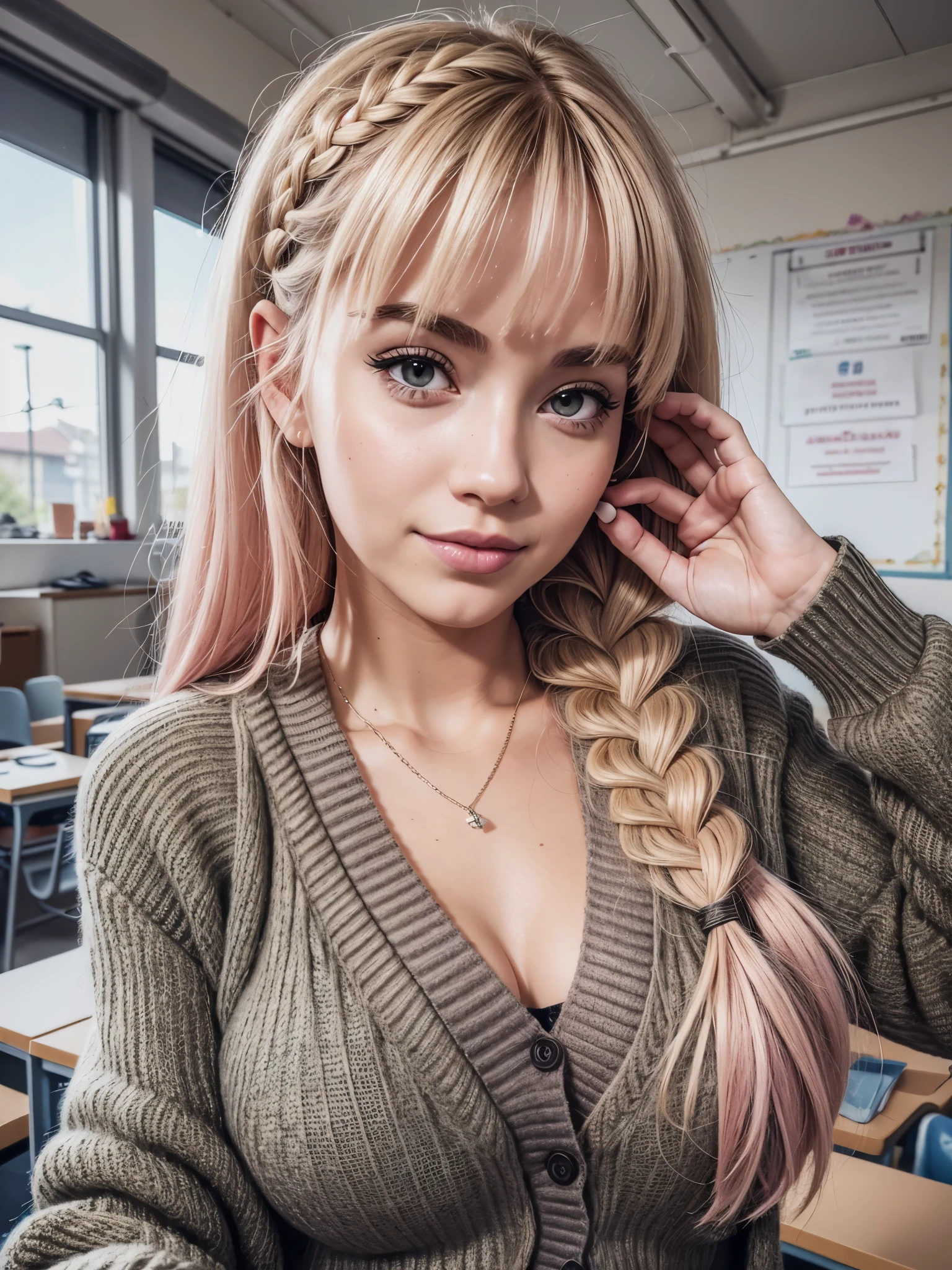 (((anime))), ((animated)), (GAL), medium hair, (braid hair:1.3), (blunt bangs:1.2),two-tone hair, blonde hair, (pink hair), round face, red eyes, (drooping eyes), (((tareme))),Pink Lip,piercing,necklace,[black skin], light smile, ((((cute)))), beautiful, 1 girl, solo, (cardigan:1.4), [cleavage cutout],peace sign,beautiful background,(classroom:1.5),evening,sunlight,backlighting,masterpiece,best quality,exquisite,8k,absurdres,super fine illustration,(looking at viewer)