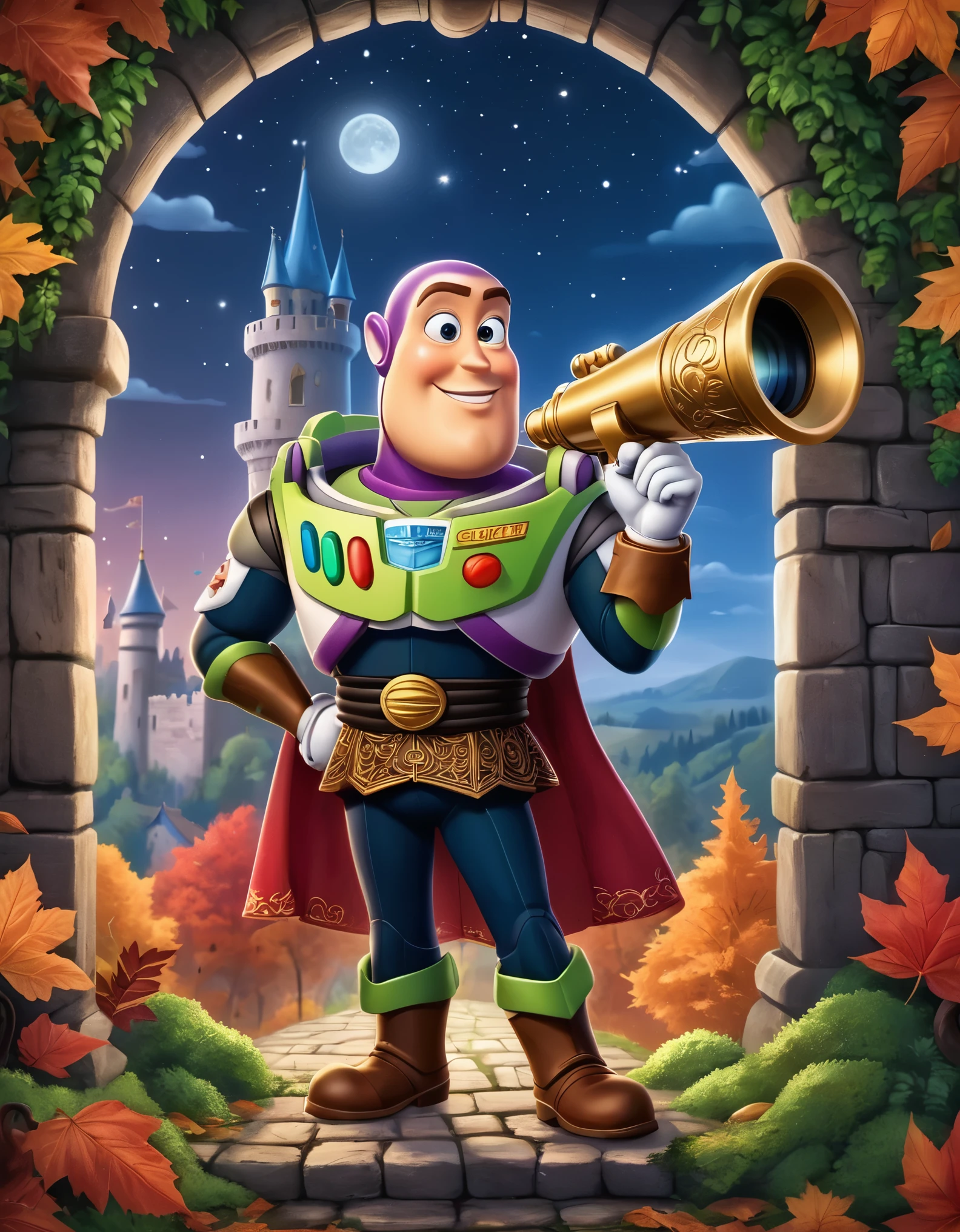 Cute cartoon illustration, (masterpiece in maximum 16K resolution, superb quality, ultra detailed:1.3), menacing ((Buzz Lightyear)) holding a decorative sharp scythe with the ((heart-shaped glowing top)), ((wearing an intricately designed sophisticated full dark cloak)) of purple, summer forest cemetery at misty night, (grand obelisk), ((blurry background)).