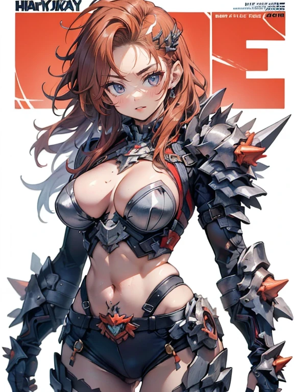 (((woman))), (((best quality))), (((masterpiece))), (((adult))), A muscular 35-year-old warrior woman nearly naked in Simon Bisley's urban savage style for the cover of Heavy Metal magazine, colorful mohawk hair, Minimal clothing, orange and blue carbon fiber armor full of ink-stained spikes and rivets,