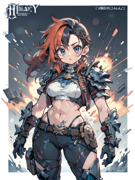 (((woman))), (((best quality))), (((masterpiece))), (((adult))), A muscular 35-year-old warrior woman nearly naked in Simon Bisley's urban savage style for the cover of Heavy Metal magazine, colorful mohawk hair, Minimal clothing, orange and blue carbon fiber armor full of ink-stained spikes and rivets,