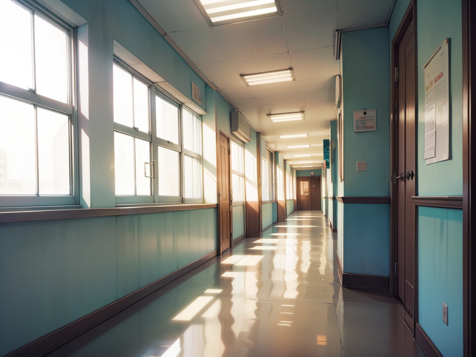 Top quality work, anime school, school hallway, day