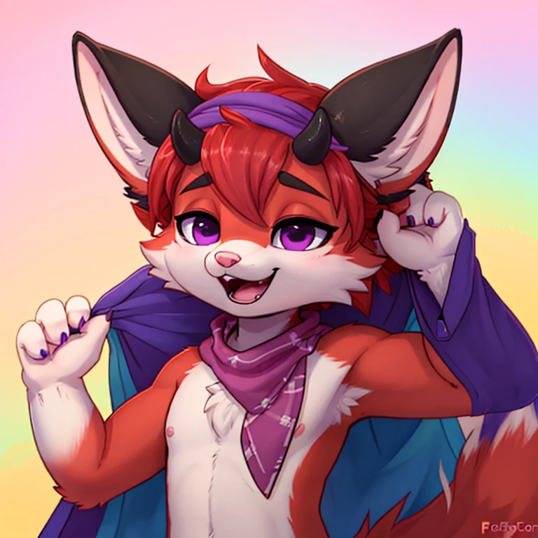 Anthropomorphic adult male crimson fox with pink nose, purple eyes, black sholders, horns, black ears and femenine look, lifting a lgbtq flag with his right arm, focus on face, open mouth, eyes closed, very happy, solo, digital art, pastel color background, front view, cute pose, cutecore, wearing dark clotehs and a bandana, half body view, icon pfp
