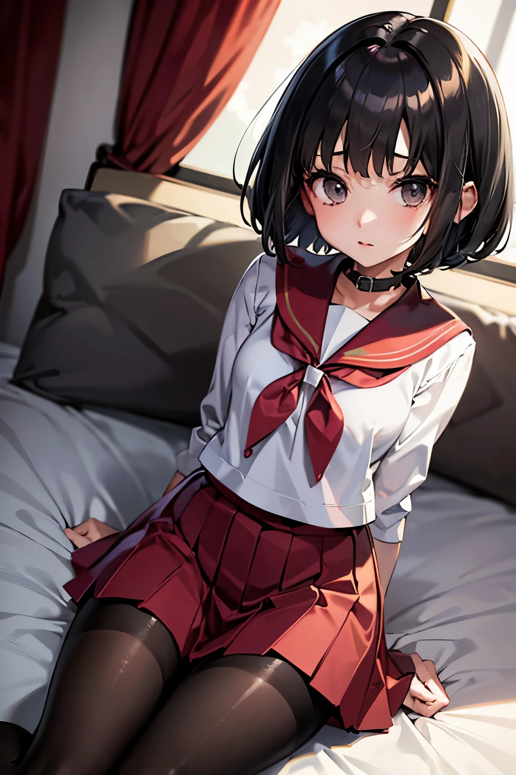 Erica、Pokémon、Black Hair、Short Hair、((pantyhose))、Photo from below、Medium chest、Bedroom、One girl、Red ribbon on head、((Sailor suit))、Black Mini Skirt、Pleated skirt、The collar is black