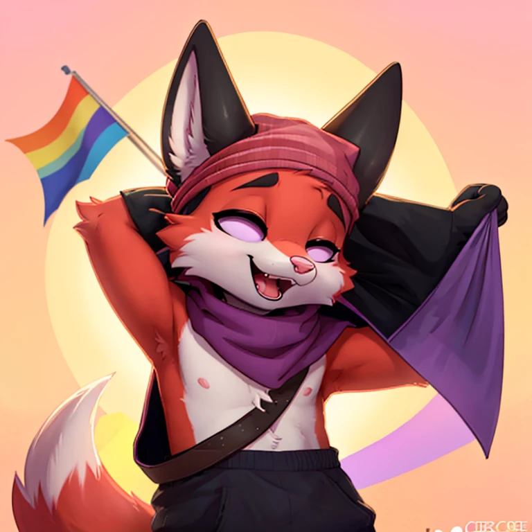 Anthropomorphic adult male crimson fox with pink nose, purple eyes, black sholders, horns, black ears and femenine look, lifting a lgbtq flag with his right arm, focus on face, open mouth, eyes closed, very happy, solo, digital art, pastel color background, front view, cute pose, cutecore, wearing dark clotehs and a bandana, half body view, icon pfp
