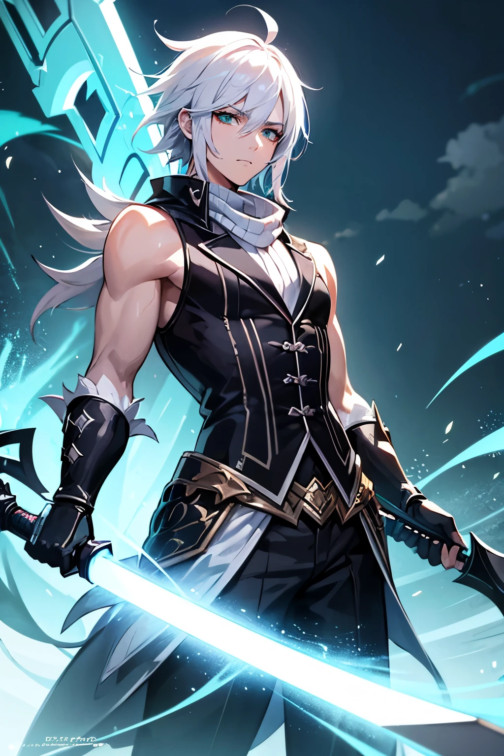 a highly detailed young male anime character, white hair, spiky hair ends, green eyes, medium length hair, hyper realistic, 8k, masterpiece, cinematic lighting, dramatic pose, digital art, vibrant colors, award winning, focus on face, centered face, white scarf with a black stripe, casual clothing, giant scythe in the left hand,