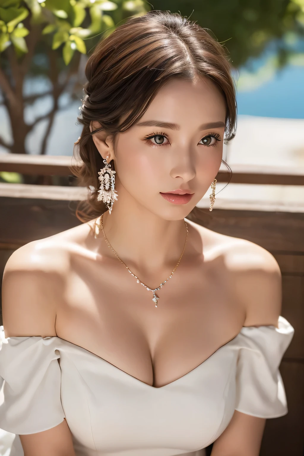 highest quality, Ultra-high resolution, (Realistic:1.4), Gorgeous white off-the-shoulder dress、necklace、Earringedium breast、valley、A beautiful woman with a clear complexion、cute、Luxurious suite in the background