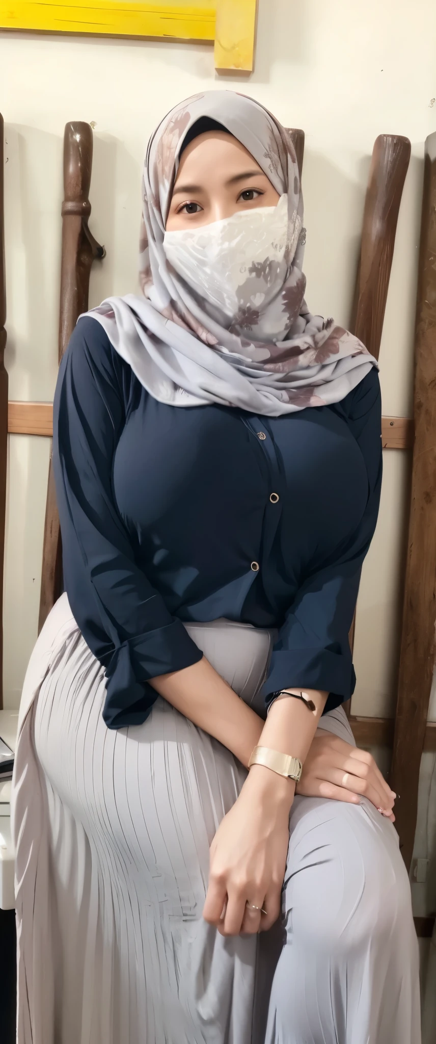 50 years Old, Hijab Indonesian mature woman, Big Tits : 66.9, Gamis, Breast out from her clothes : 1.9, at doctor office, Dark light, at Nighttime