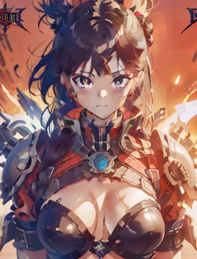 (((woman))), (((best quality))), (((masterpiece))), (((adult))), A muscular 35-year-old warrior woman nearly naked in Simon Bisley's urban savage style for the cover of Heavy Metal magazine, colorful mohawk hair, Minimal clothing, orange and blue carbon fiber armor full of ink-stained spikes and rivets,