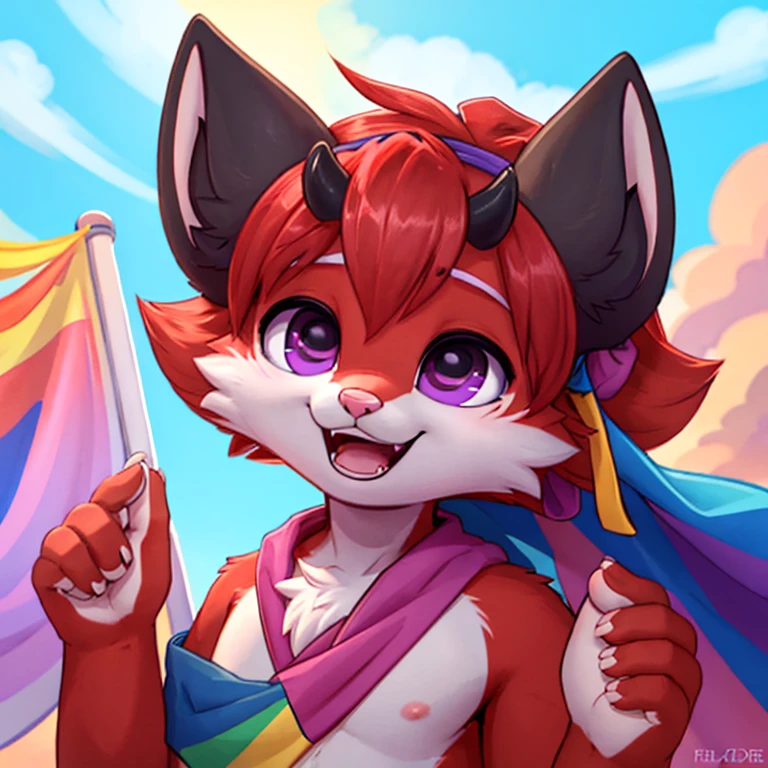 Anthropomorphic adult male crimson fox with pink nose, purple eyes, black sholders, horns, black ears and femenine look, lifting a lgbtq flag with his right arm, focus on face, open mouth, eyes closed, very happy, solo, digital art, pastel color background, front view, cute pose, cutecore, wearing dark clotehs and a bandana, half body view, icon pfp
