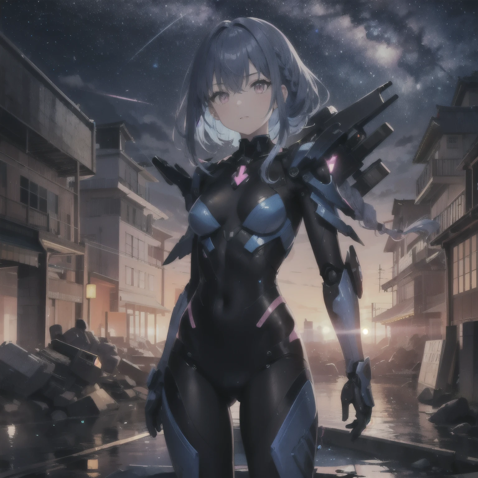 1 Girl, [small breasts], (pink eyes:1.2), Glowing eyes, above, I look at the viewer, 
Hair braids, 
blue hair, hair between eyes, 
standing,
Complex mechanical bodysuit, Ancient Japanese architecture, pond, starry sky, Skyline Mecha Musume, Mechanical parts, , Full armor, super robot joints,
masterpiece, Best quality, ultra detailed, very detailed illustrations,extremely detailed, complex parts, a high resolution, супер complex parts, extremely detailed 8k cg wallpaper, cowboy shot, caustic, reflection, ray tracing, demon theme, nebula, dark aura, cyber effect