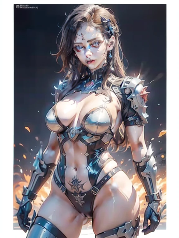 (((woman))), (((best quality))), (((masterpiece))), (((adult))), A muscular 35-year-old warrior woman nearly naked in Simon Bisley's urban savage style for the cover of Heavy Metal magazine, colorful mohawk hair, Minimal clothing, orange and blue carbon fiber armor full of ink-stained spikes and rivets,