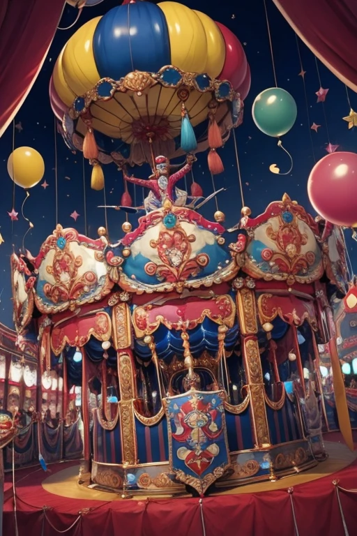 concepto basado en circo con joyas, carousel, payaso, globos. cabello largo