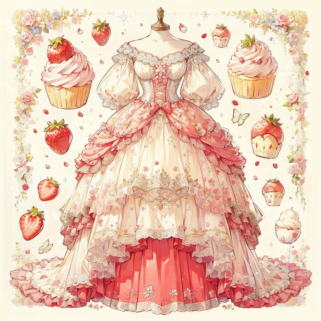 (Exquisite, beautiful, Very detailed, masterpiece, high quality,High resolution), (Full design illustration of a beautiful fairy in an antique dress in pastel and vibrant colors on a background of strawberry shortcakes drawn with soft, thin lines and decorated with pale colors,Pixiv-inspired anime illustration,Illustrations that go viral among Japanese people on Twitter), A cream-colored dress with a draped red peplum attached symmetrically to the bottom of the corset, and beautiful butterfly-like fairy wings growing from the back, reminiscent of a shortcake.,A long princess dress with a strawberry and whipped cream motif on one side of the chest, a bow and strawberry decoration on the skirt, a fluffy pink pannier underneath, and a flower-shaped skirt.,Beautiful, clear fairy wings growing from her back,A cute princess dress inspired by shortcake,