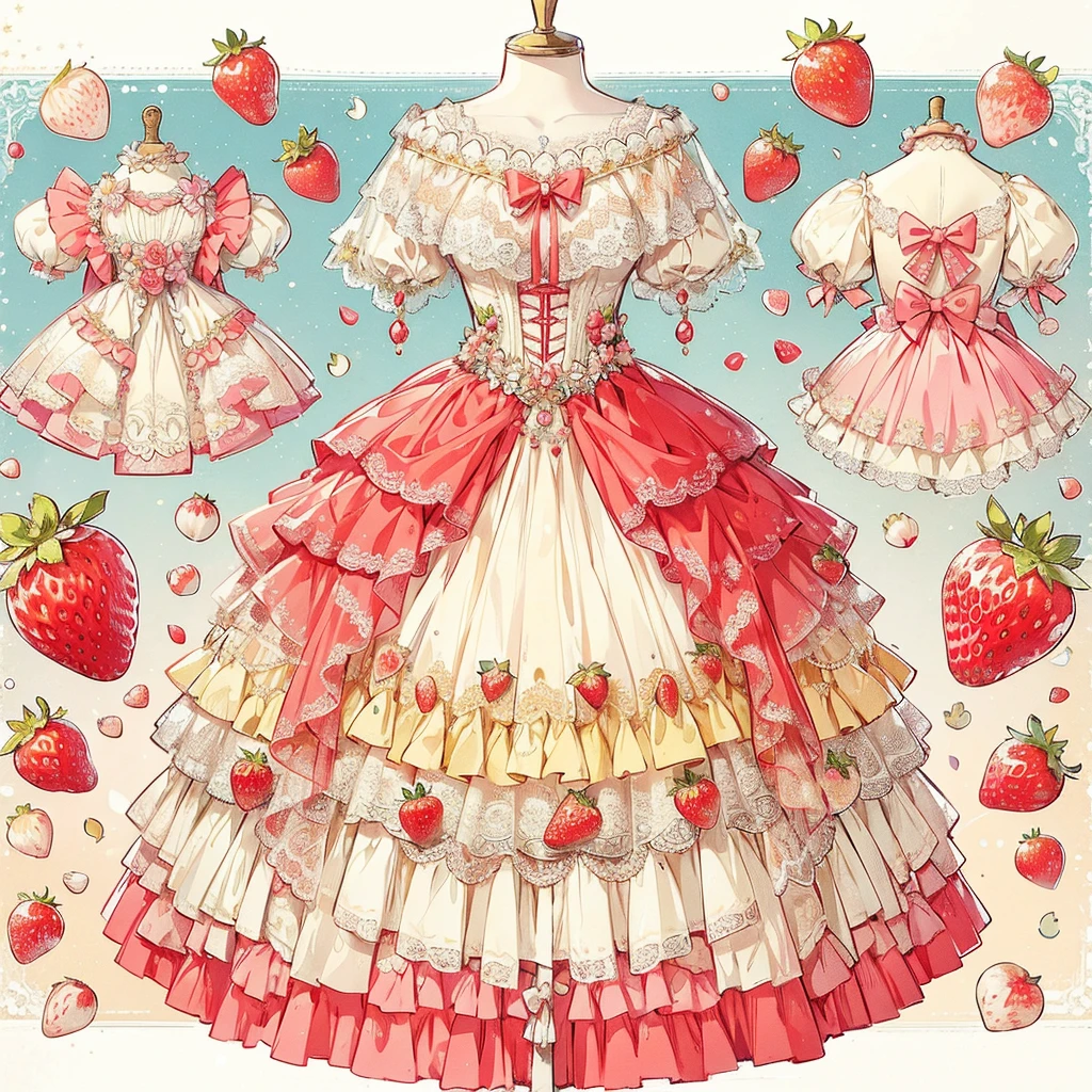 (Exquisite, beautiful, Very detailed, masterpiece, high quality,High resolution), (Full design illustration of a beautiful fairy in an antique dress in pastel and vibrant colors on a background of strawberry shortcakes drawn with soft, thin lines and decorated with pale colors,Pixiv-inspired anime illustration,Illustrations that go viral among Japanese people on Twitter), A cream-colored dress with a draped red peplum attached symmetrically to the bottom of the corset, and beautiful butterfly-like fairy wings growing from the back, reminiscent of a shortcake.,A long princess dress with a strawberry and whipped cream motif on one side of the chest, a bow and strawberry decoration on the skirt, a fluffy pink pannier underneath, and a flower-shaped skirt.,Beautiful, clear fairy wings growing from her back,A cute princess dress inspired by shortcake,