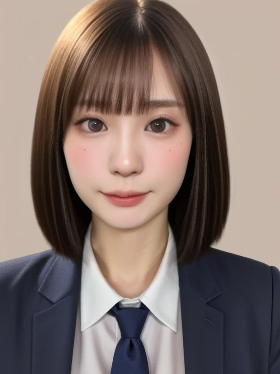 (kawaii 24 year-old Japanese girl, Nogizaka idol, Korean idol), glossy brown hair, (very short hair, bangs:1.2), beautiful black eyes, rounded face, narrow shoulders, single eyelid, (no makeup:1.2), no expression, (suit jacket, collared shirt, necktie), extra small breasts, BREAK, (simple white background:1.2), (view from forward, bust shot, upper body shot, id photo:1.2), BREAK, (masterpiece, best quality, photo realistic, official art:1.4), (UHD, 8K quality wallpaper, high resolution, raw photo, golden ratio:1.3), (shiny skin), professional lighting, physically based rendering, award winning, (highly detailed skin texture, extremely detailed face and eyes textures), Carl Zeiss 85 mm F/1.4, depth of field, (1girl, solo),