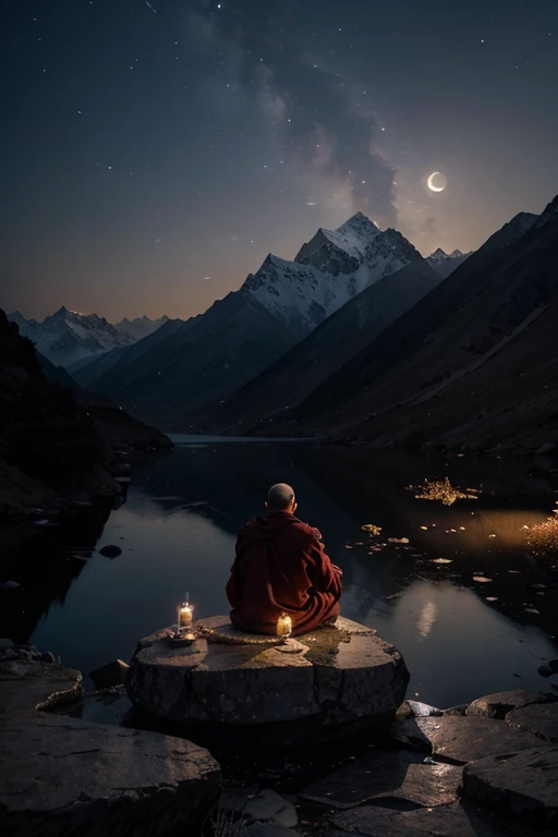 Certainly! Here's the resized prompt:
---
In the serene, high-altitude landscape of the Himalayas, under the vast, clear night sky, a Tibetan monk sits in deep meditation. The full moon casts a gentle, silver glow across the rugged mountains, illuminating the ancient monastery perched on a rocky outcrop. The air is crisp and cool, filled with the faint scent of pine and the distant sound of a flowing river. The monk, clad in traditional maroon robes, exudes a sense of profound peace and wisdom. The stars twinkle above, and the moonlight bathes the entire scene in a mystical, tranquil light. Describe the thoughts and feelings of the monk as he connects with the universe, and how the moonlit night enhances this spiritual experience.
---