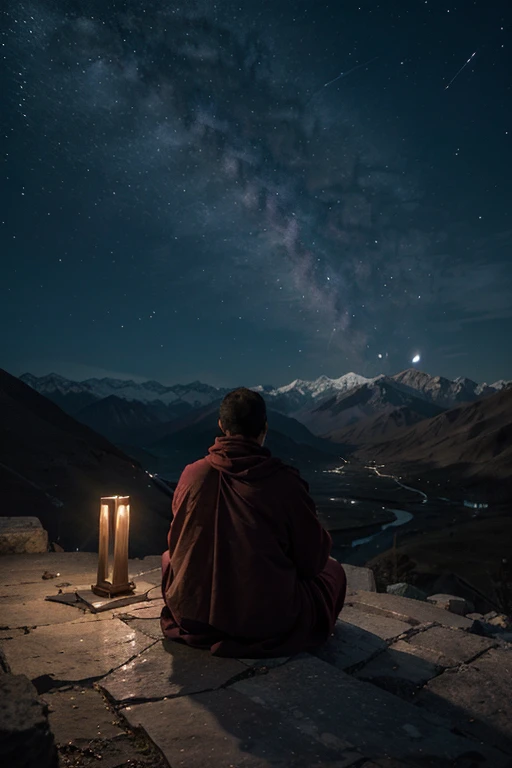 Certainly! Here's the resized prompt:
---
In the serene, high-altitude landscape of the Himalayas, under the vast, clear night sky, a Tibetan monk sits in deep meditation. The full moon casts a gentle, silver glow across the rugged mountains, illuminating the ancient monastery perched on a rocky outcrop. The air is crisp and cool, filled with the faint scent of pine and the distant sound of a flowing river. The monk, clad in traditional maroon robes, exudes a sense of profound peace and wisdom. The stars twinkle above, and the moonlight bathes the entire scene in a mystical, tranquil light. Describe the thoughts and feelings of the monk as he connects with the universe, and how the moonlit night enhances this spiritual experience.
---