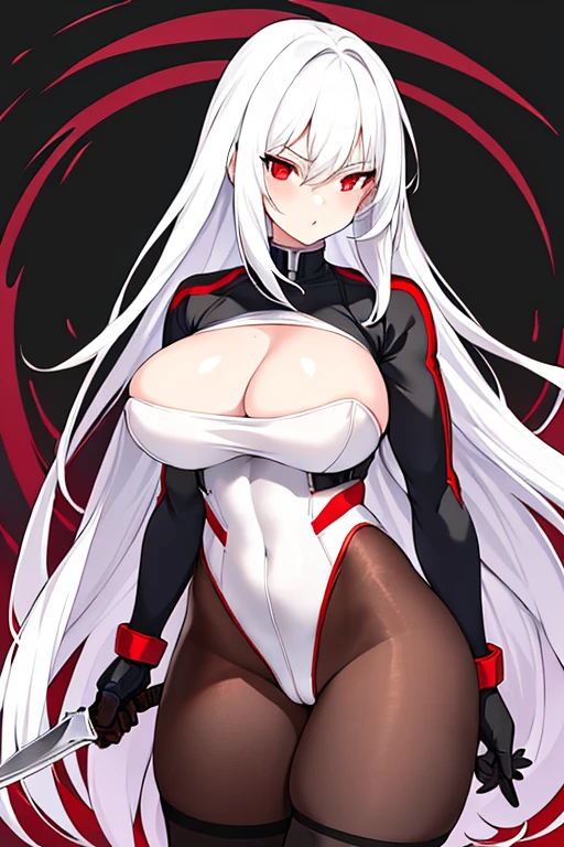1girl, white hair, long hair, red eyes, serious, glowing eyes, large breasts, thick thighs, mature female, athletic female, toned, leotard, black leotard, thighhighs, belt, knife, knifes, pantyhose, highleg leotard, highleg