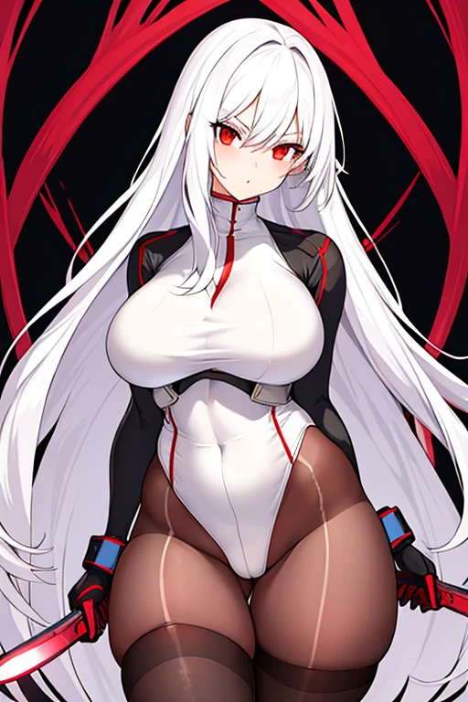 1girl, white hair, long hair, red eyes, serious, glowing eyes, large breasts, thick thighs, mature female, athletic female, toned, leotard, black leotard, thighhighs, belt, knife, knifes, pantyhose, highleg leotard, highleg