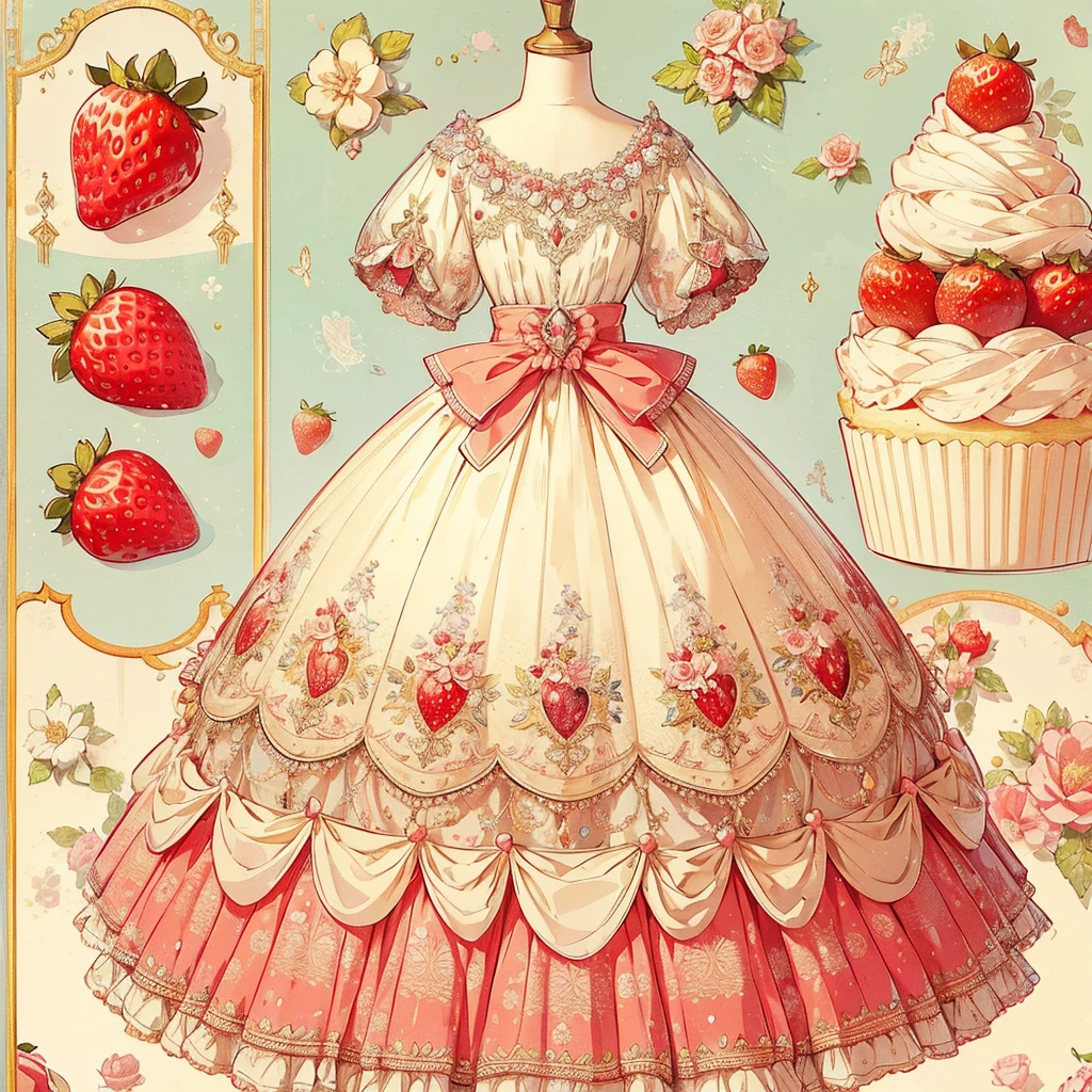 (Exquisite, beautiful, Very detailed, masterpiece, high quality,High resolution), (Full design illustration of a beautiful fairy in an antique dress in pastel and vibrant colors on a background of strawberry shortcakes drawn with soft, thin lines and decorated with pale colors,Pixiv-inspired anime illustration,Illustrations that go viral among Japanese people on Twitter), A cream-colored dress with a draped red peplum attached symmetrically to the bottom of the corset, and beautiful butterfly-like fairy wings growing from the back, reminiscent of a shortcake.,A long princess dress with a strawberry and whipped cream motif on one side of the chest, a bow and strawberry decoration on the skirt, a fluffy pink pannier underneath, and a flower-shaped skirt.,Beautiful, clear fairy wings growing from her back,A cute princess dress inspired by shortcake,