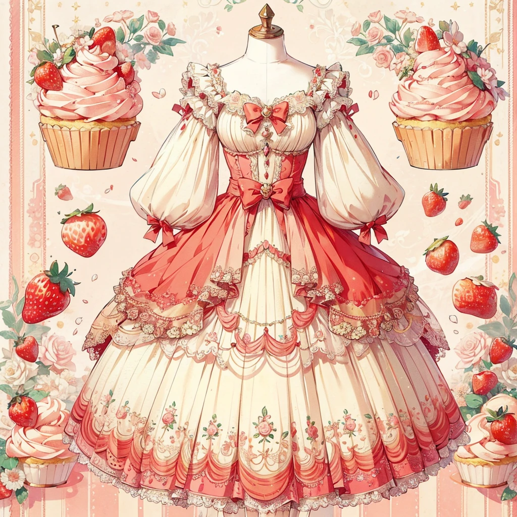 (Exquisite, beautiful, Very detailed, masterpiece, high quality,High resolution), (Full design illustration of a beautiful fairy in an antique dress in pastel and vibrant colors on a background of strawberry shortcakes drawn with soft, thin lines and decorated with pale colors,Pixiv-inspired anime illustration,Illustrations that go viral among Japanese people on Twitter), A cream-colored dress with a draped red peplum attached symmetrically to the bottom of the corset, and beautiful butterfly-like fairy wings growing from the back, reminiscent of a shortcake.,A long princess dress with a strawberry and whipped cream motif on one side of the chest, a bow and strawberry decoration on the skirt, a fluffy pink pannier underneath, and a flower-shaped skirt.,Beautiful, clear fairy wings growing from her back,A cute princess dress inspired by shortcake,