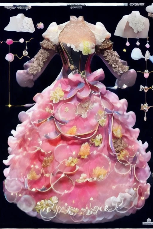 concept art rococo dress clothes cake inspired, pastel, jewellry, flowers