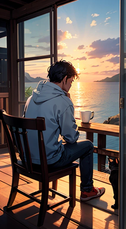 Dawn Morning、On a hill with a view of the sea、With one cat、While sitting in a rocking chair、Wearing a hoodie and jeans pants、A man making coffee while looking out at the sea。back view