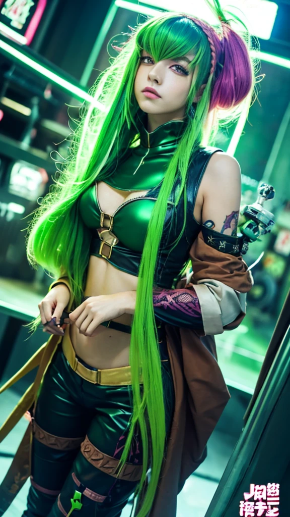 uma mulher com Green Hair e tatuagens, Cyberpunk Women Anime Women, pants, Beautiful Angry Cyberpunk Goddess, Cyberpunk art style, Cyberpunk Anime Digital Art, Cyberpunk anime art, Mysterious, Portraiture, Cyberpunk anime art, Cyberpunk themed art, Cyberpunk Dark Fantasy, arcane style, 1 girl, 腕にStar Tattoo, Asymmetrical bangs, stripe, Green Hair, green braid, Brown shirt, Star Tattoo, Horizontally, Green Hair, Long Hair, Pink Eyes, Red lips, Are standing , Cloud Tattoo, Twin Blade. Arcane Jinx. Garota de Green Hair, garota de Twin Blade, Girl in a burning place, spark, Sphere of Light, Movie Posters, Mysterious\(League of Legends\, 1 girl, 腕にStar Tattoo, Asymmetrical bangs, stripe, Green Hair, green braid, Brown shirt, Star Tattoo, Horizontally, Green Hair, Girl with braids and green hair 
