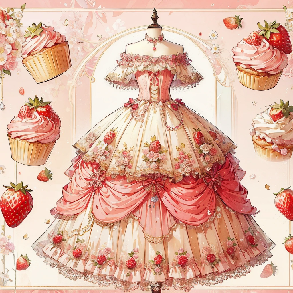 (Exquisite, beautiful, Very detailed, masterpiece, high quality,High resolution), (Full design illustration of a beautiful fairy in an antique dress in pastel and vibrant colors on a background of strawberry shortcakes drawn with soft, thin lines and decorated with pale colors,Pixiv-inspired anime illustration,Illustrations that go viral among Japanese people on Twitter), A cream-colored dress with a draped red peplum attached symmetrically to the bottom of the corset, and beautiful butterfly-like fairy wings growing from the back, reminiscent of a shortcake.,A long princess dress with a strawberry and whipped cream motif on one side of the chest, a bow and strawberry decoration on the skirt, a fluffy pink pannier underneath, and a flower-shaped skirt.,Beautiful, clear fairy wings growing from her back,A cute princess dress inspired by shortcake,