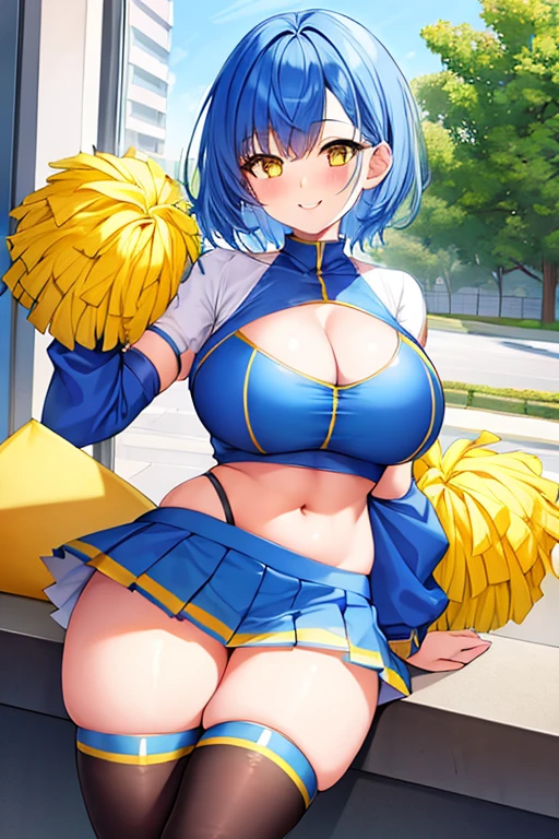 1girl, blue hair, very short hair, yellow eyes, large breasts, thick thighs, thighhighs, cheerleder outfit, cheeleader, skirt, miniskirt, blue cheeleader outfit, smile