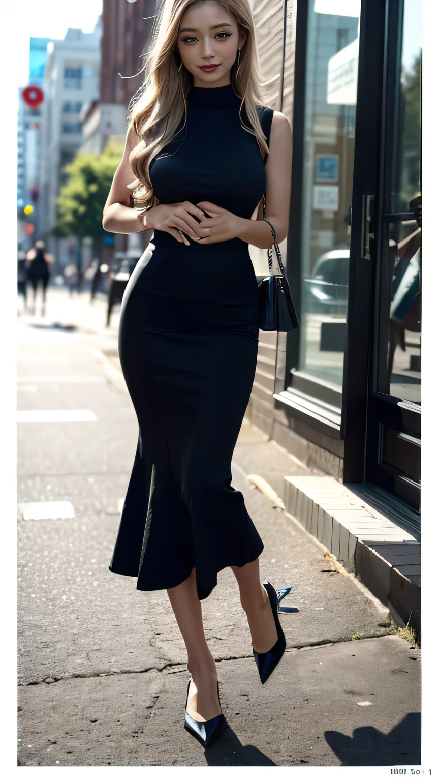 (Woman walking in the city:1.3、The background is the street)、(Realistic、Like a photograph、Live Action、8k, Photorealistic, RAW Photos, Best image quality: 1.4), Single-lens reflex camera、RAW Photos, highest quality, Realistic, Highly detailed CG Unity 8k wallpaper, Written boundary depth, Cinematic Light, Lens flare, Ray Tracing, Realistic background、(Tight sleeveless:1.2、(mermaidskirt:1.5，Long skirt)、Large Breasts:1.4))、((Ultra-dense skin))、 1 female,Cute Japanese Gal、((whole body:1.5)，(Lift your chest with your hands:1.1)、smile、(Long Hair、Blonde:1.3)、I like that style、Stylish、Very detailed、Pay attention to the details、Perfect outfit、(Sunburned skin)、Beautiful legs:1.1，Anatomically correct body、Accurate Fingers、Are standing、View from the front