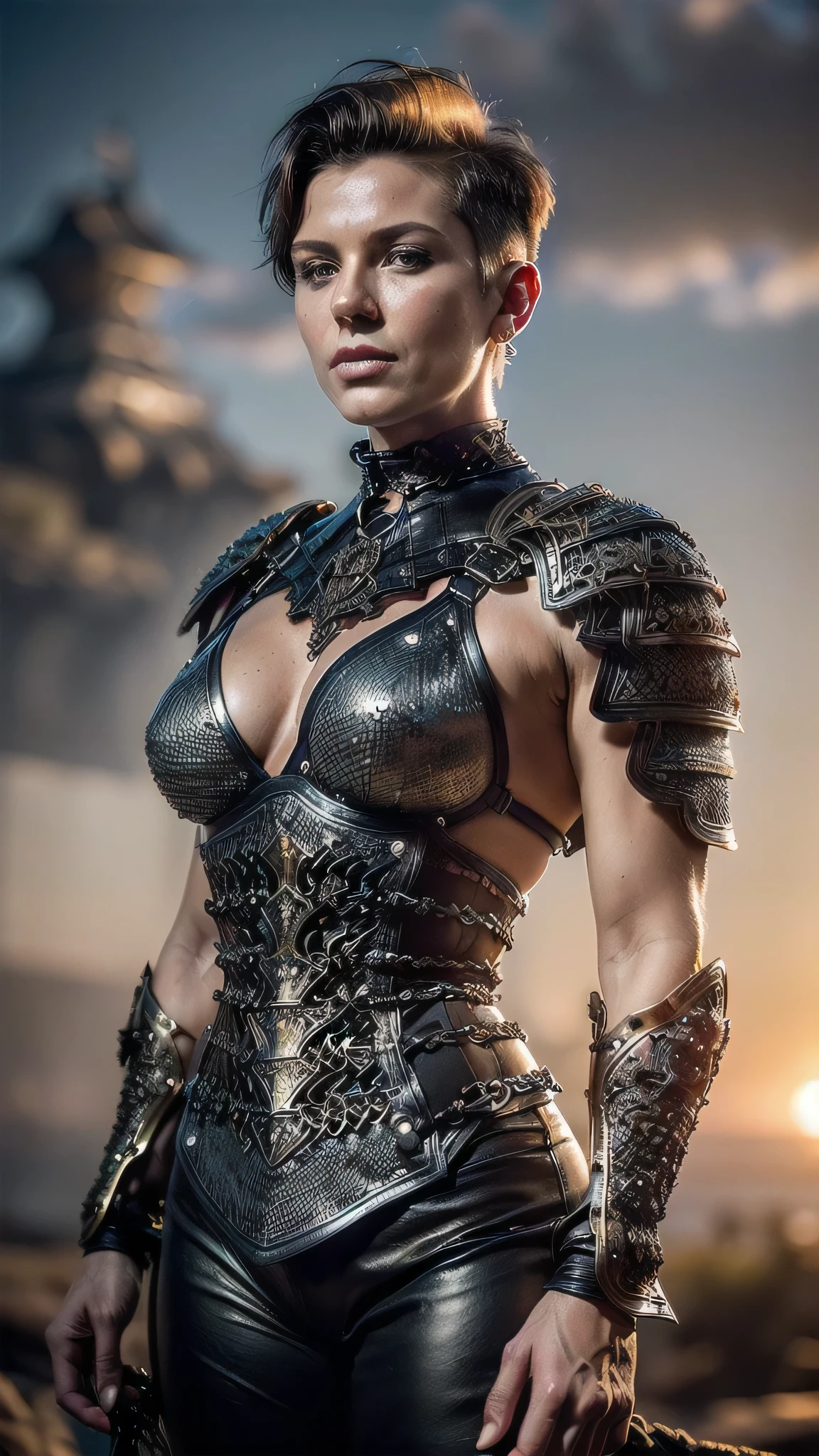 (masterpiece), (extremely intricate:1.3), (realistic), portrait of a muscular bodybuilder girl, (((medieval armor:1.6 (black gold filigree) breastplate, perfectchainmail), wind blown blowing [blonde hair:dark hair:0.6], [flat chest:large breasts:0.8]), from below), tattoo:1.0), metal reflections, upper body, outdoors, intense sunlight, far away castle, professional photograph of a stunning woman detailed, (((short undercut shaved hair, dynamic pose))), sharp focus, dramatic, award winning, cinematic lighting, volumetrics dtx, (film grain, blurry background, blurry foreground, bokeh, depth of field, sunset, interaction, blackiron Perfectchainmail, professional lighting, photon mapping, radiosity, physically based rendering, ultra resolution), 8K